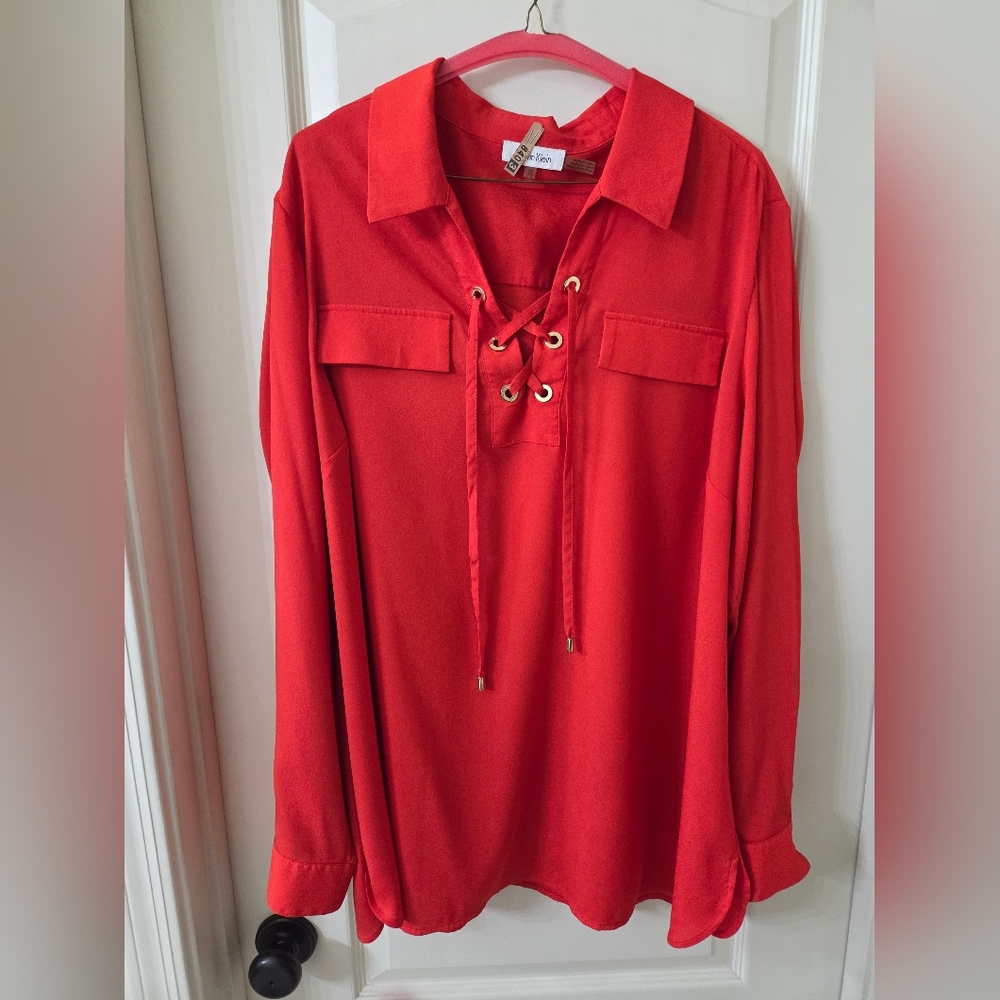 Calvin Klein Orange Blousr Tie up Gold Buttons 2x